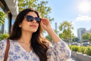 Wearing sunglasses outdoors
